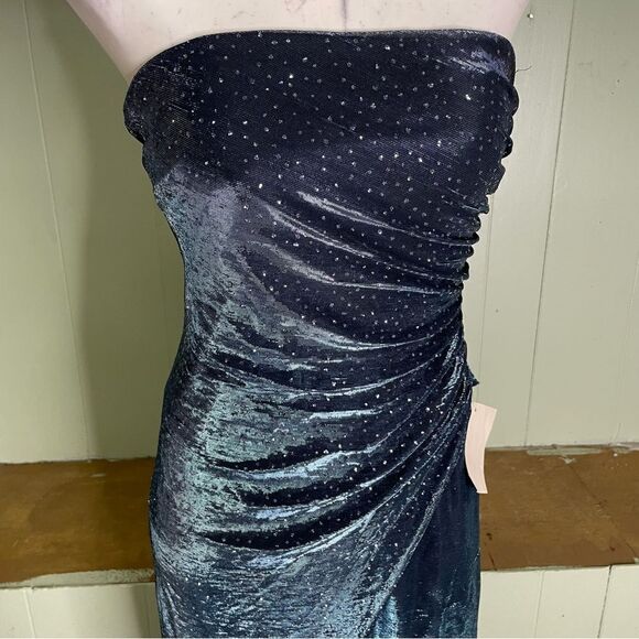 Vintage 90s Y2K A Fortiori Blue Glitter Stretchy Strapless Prom Maxi Gown Small - Picture 2 of 5